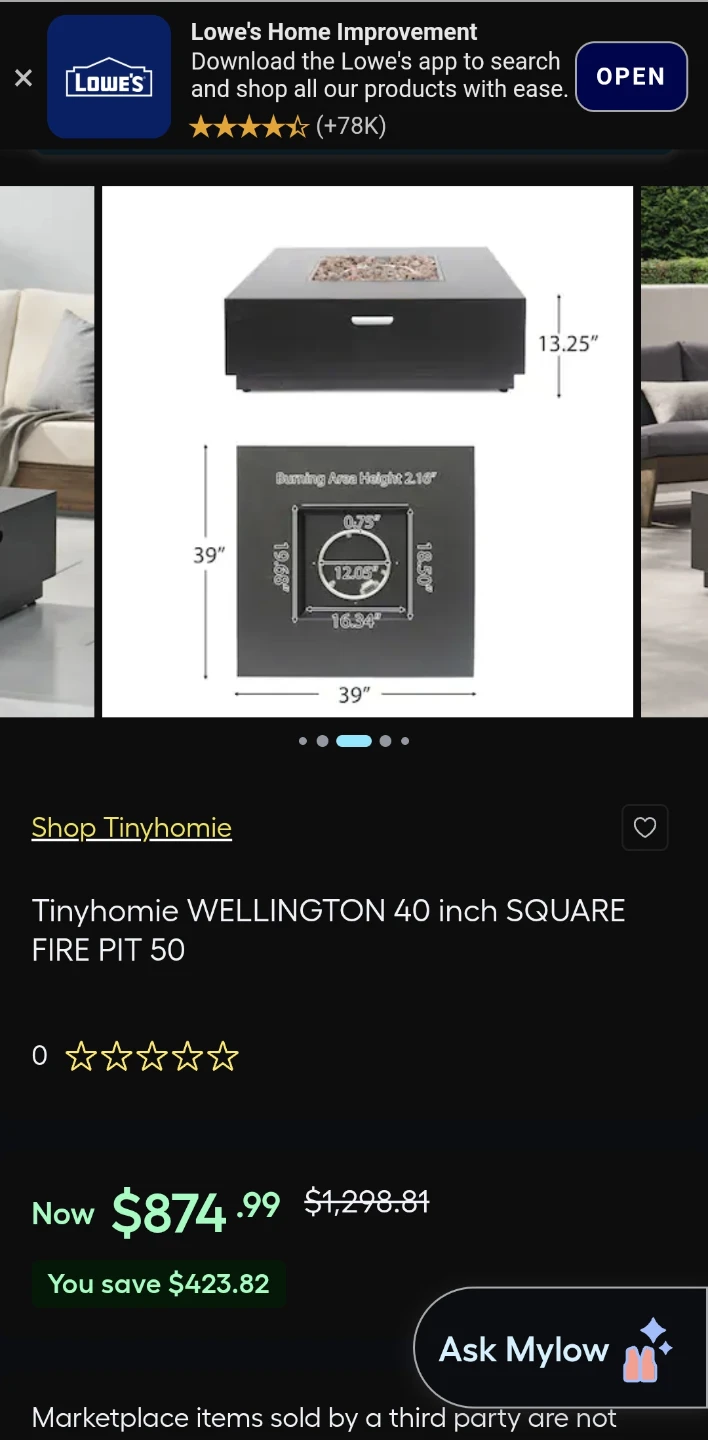 Tinyhomie Wellington 40 inch Square Fire Pit - photo 3