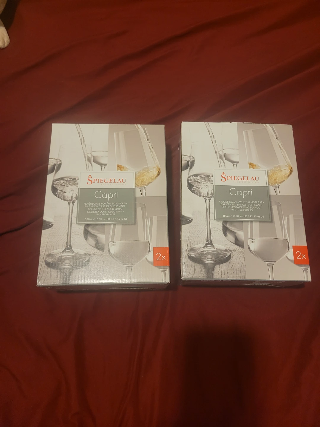 $40/2 boxes or $25/box.Spiegelau Capri wine glasses