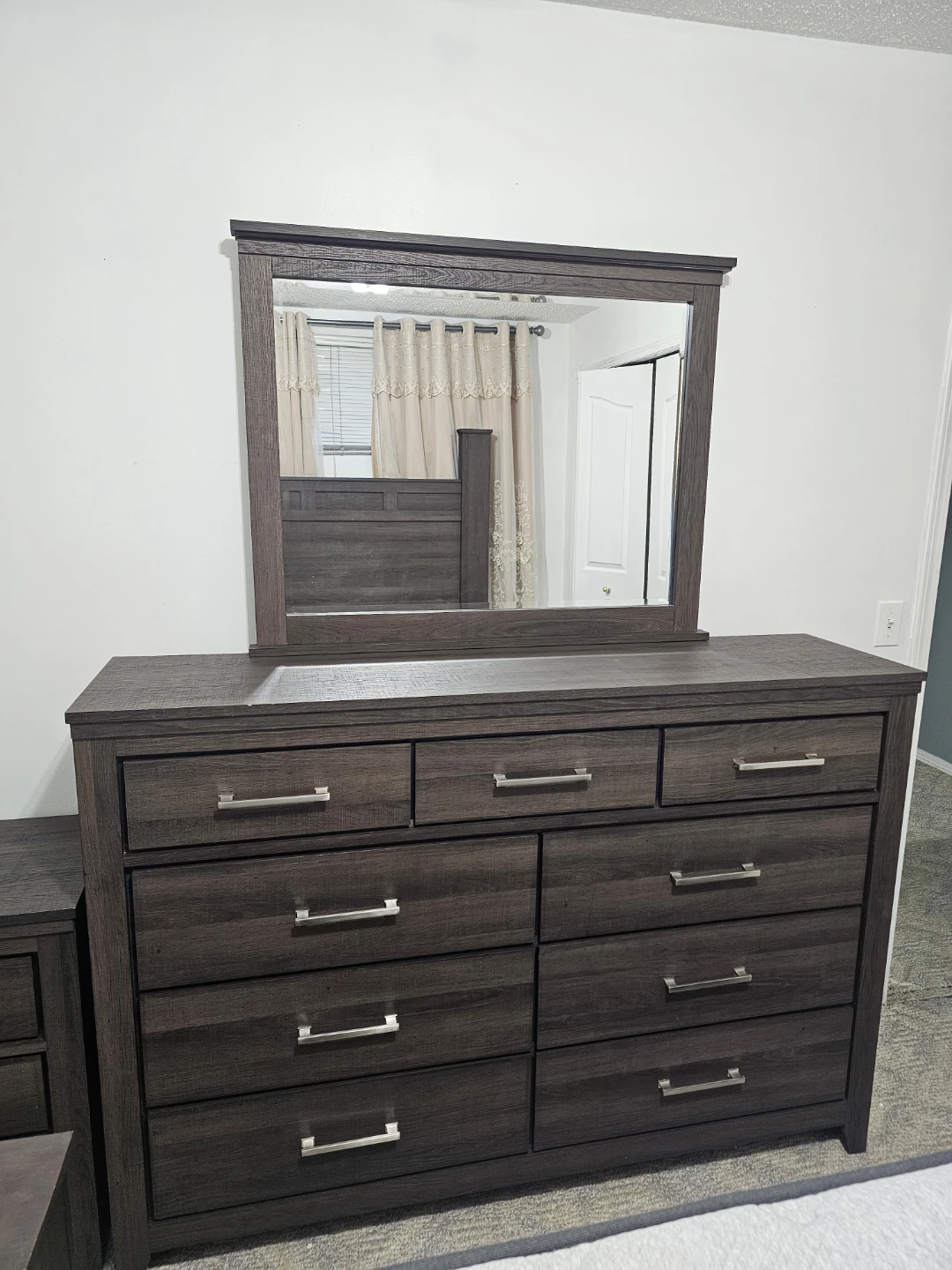 Dark Wood Bedroom Set - Bed, Dresser, Wardrobe, Nightstands