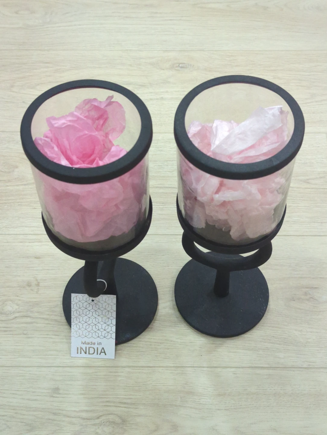 Set of 2 Black Metal Candle Holders with Glass