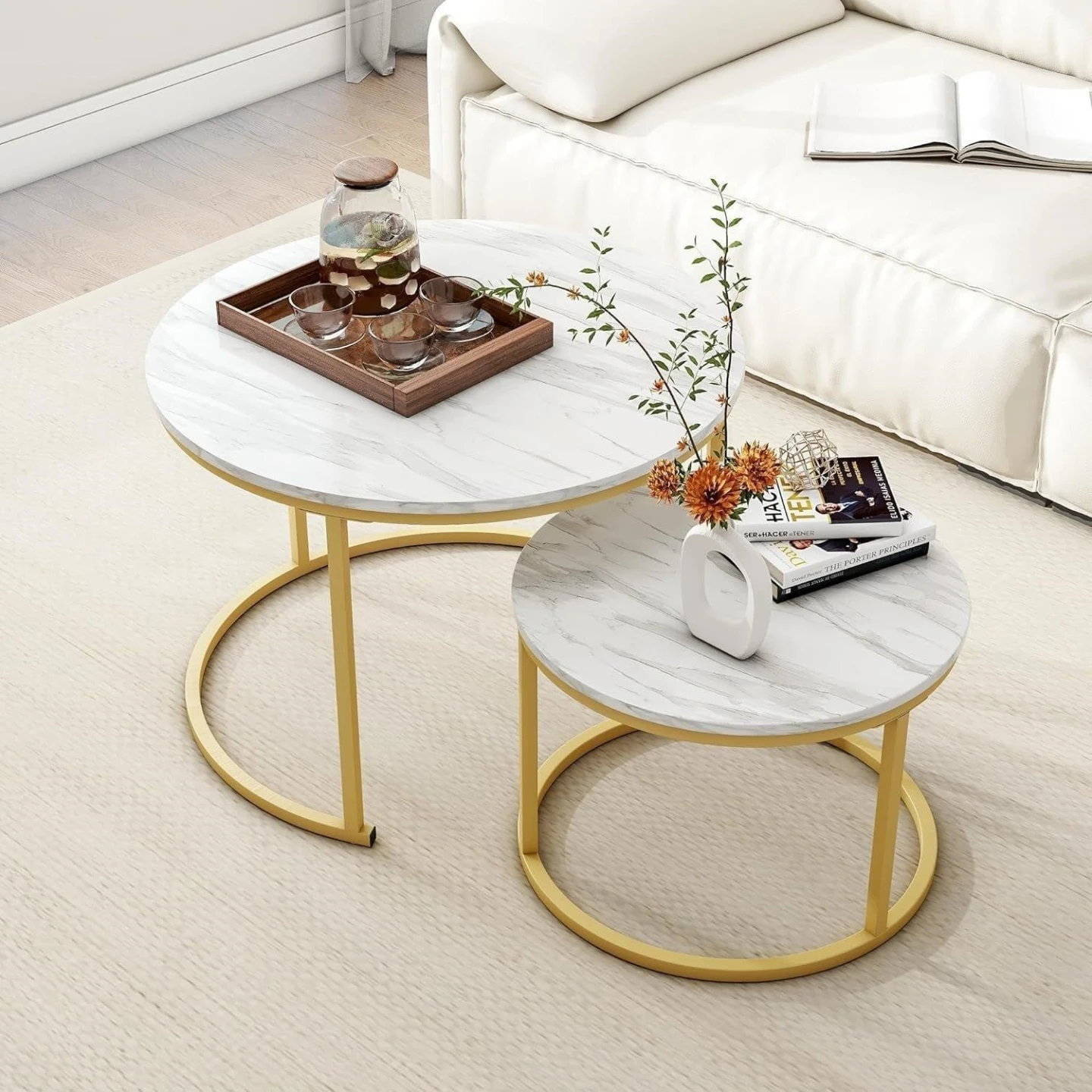 Marble Nesting Coffee Tables with Gold Metal Legs