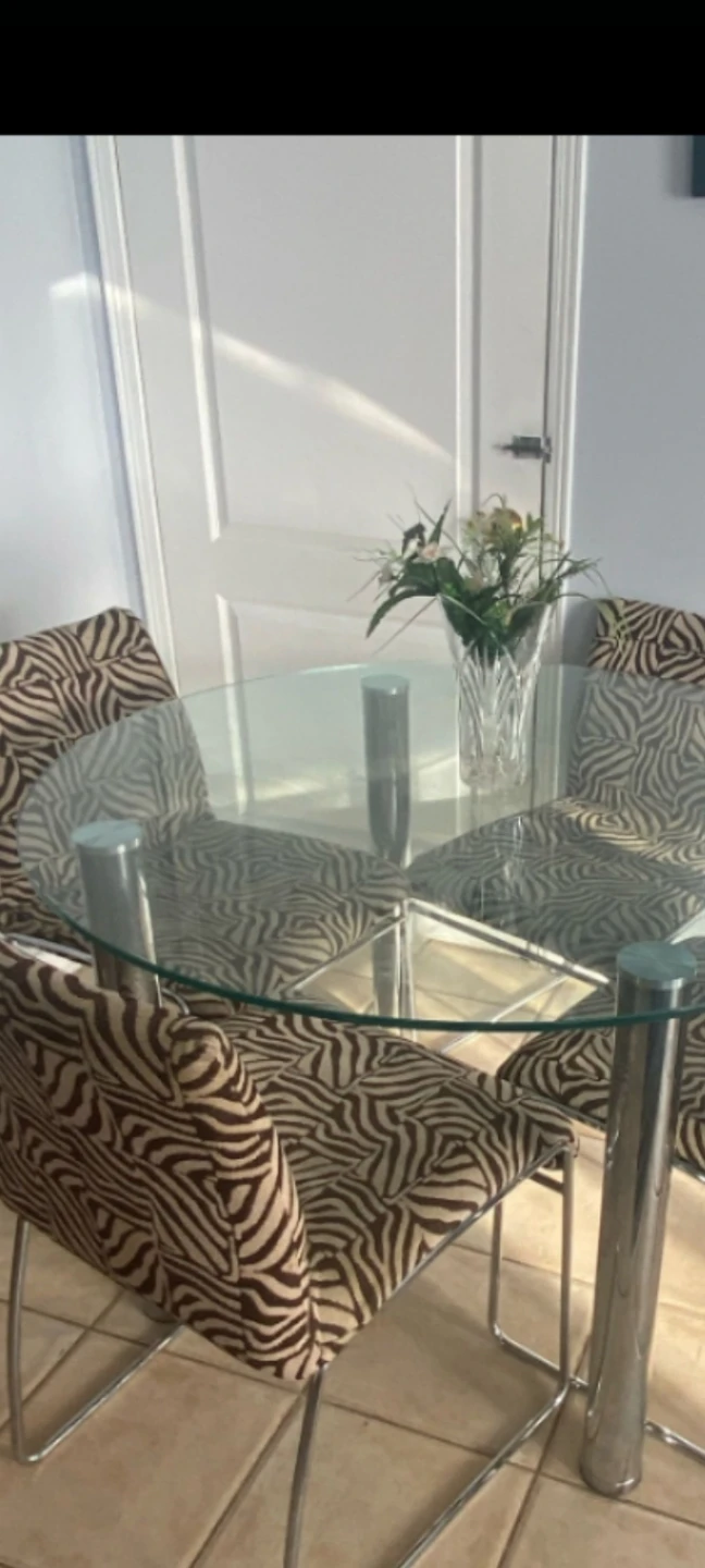 Glass Dining Table Set with 4 Zebra Print Chairs