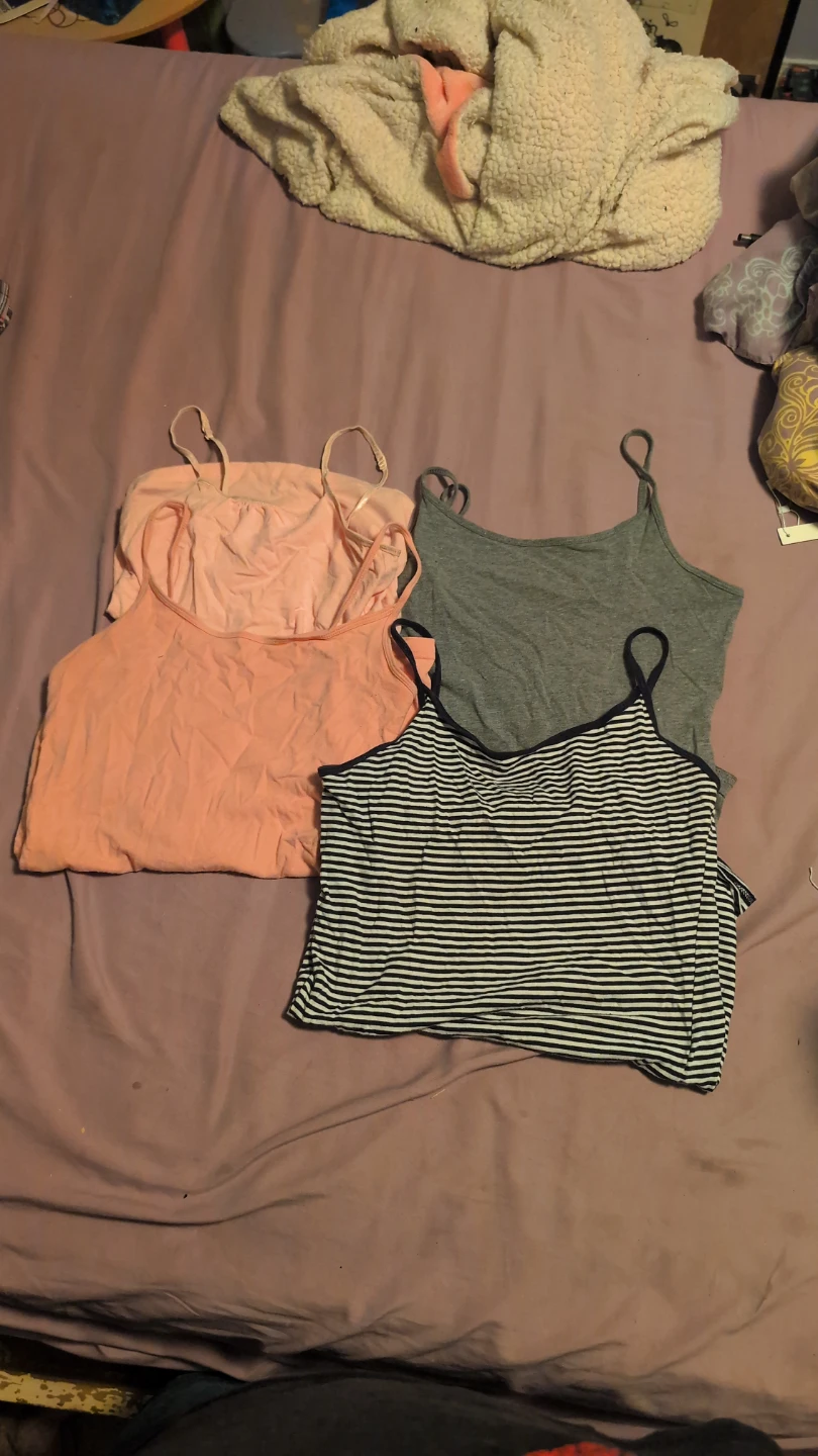 Four Camisole Tops - Grey, 2 Pink, & a Striped