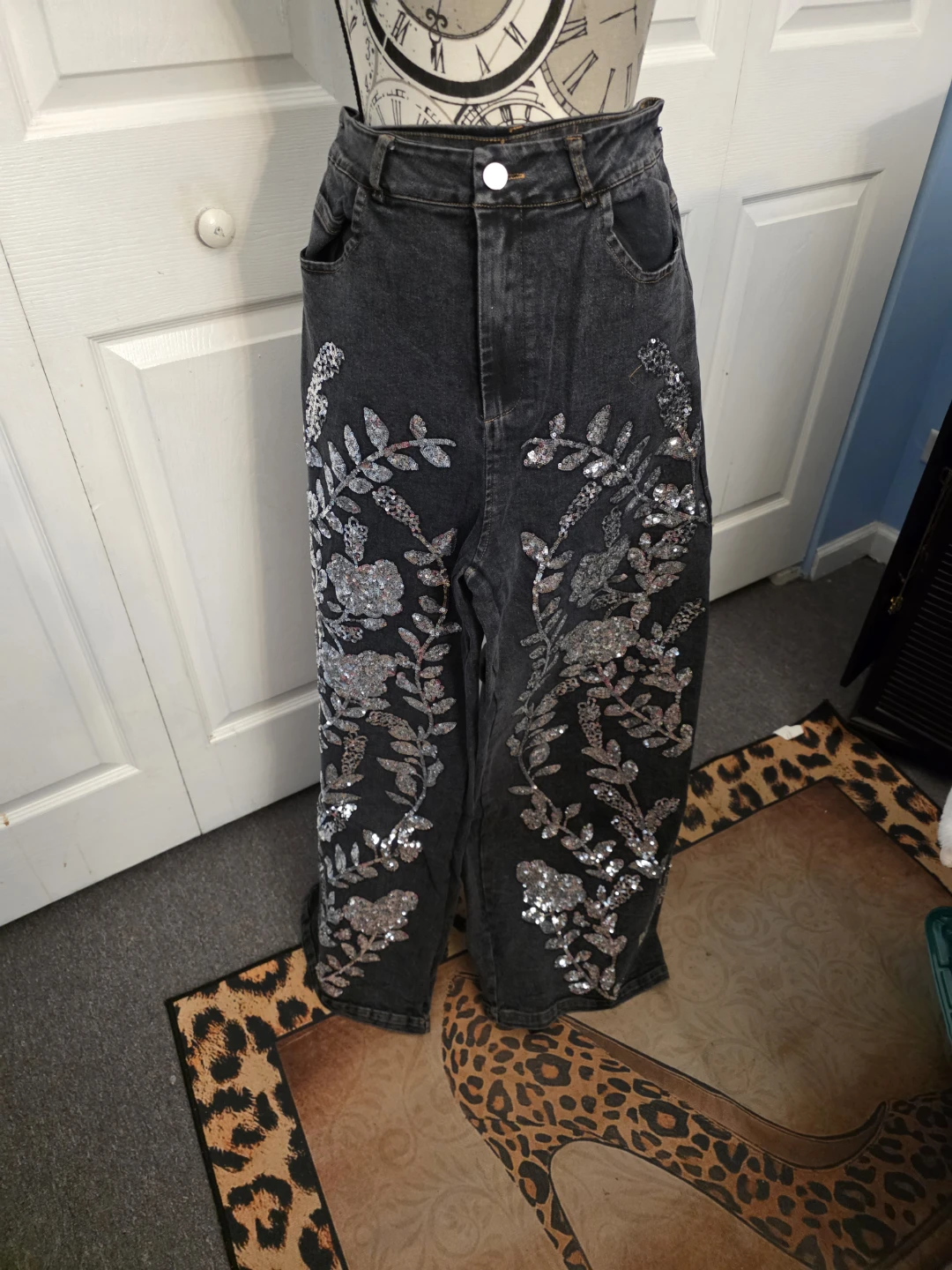 Sequin Floral Embellished Denim Pants