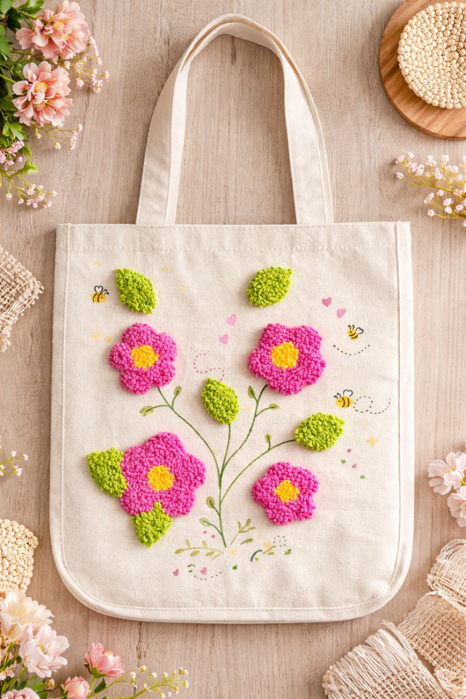 Canvas Tote Bag with Floral Embroidery