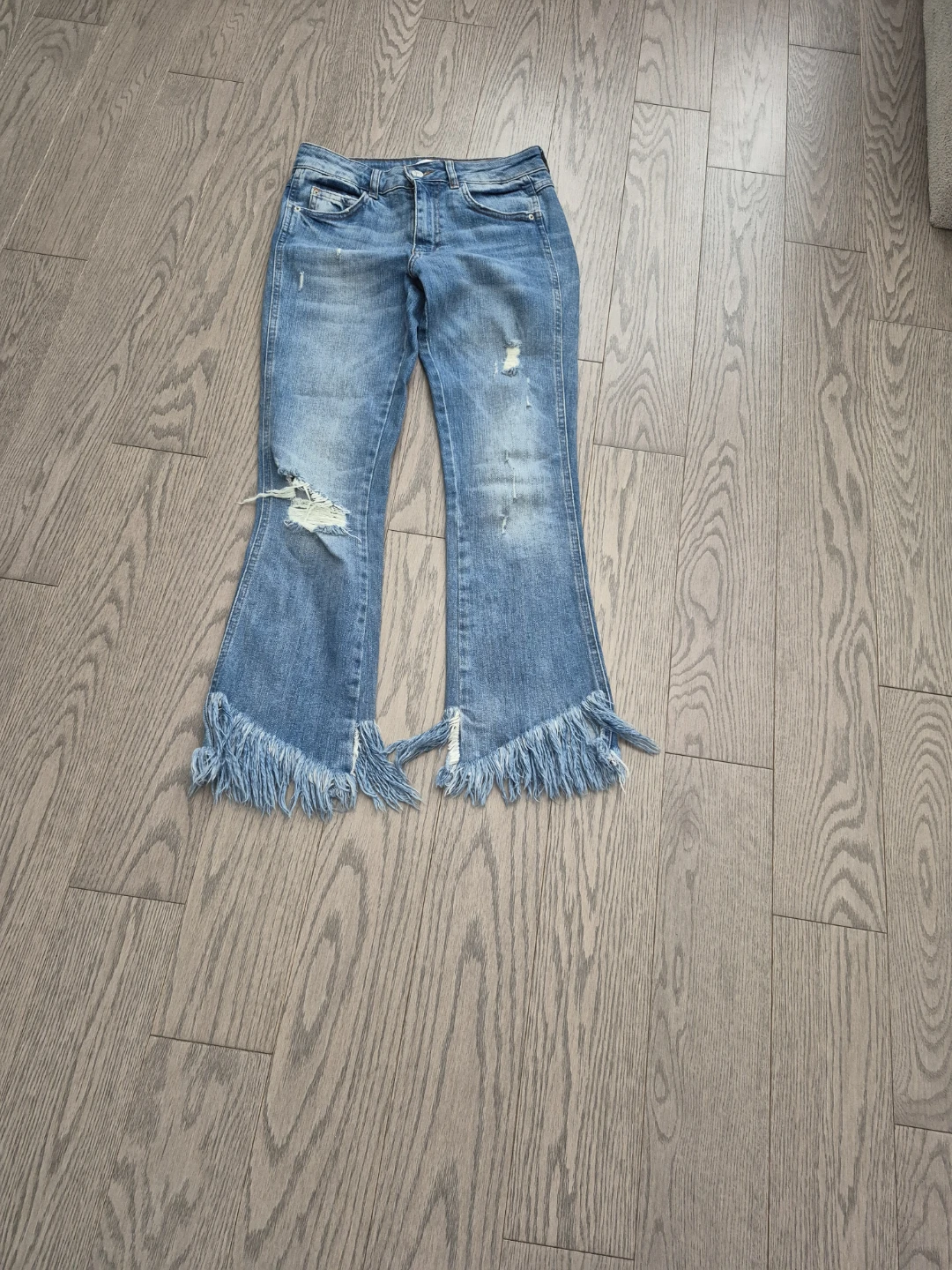 ZARA Distressed Flare Jeans with Fringe
