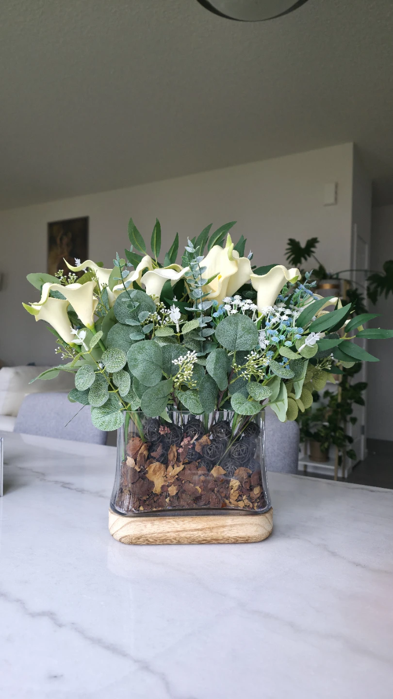Faux floral arrangement in glass vase with wood base - photo 2
