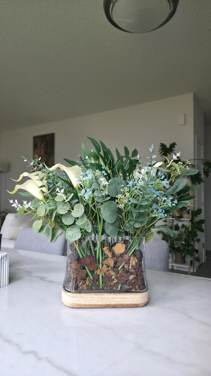 Faux floral arrangement in glass vase with wood base - photo 3