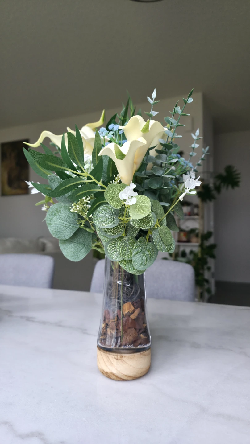 Faux floral arrangement in glass vase with wood base - photo 4
