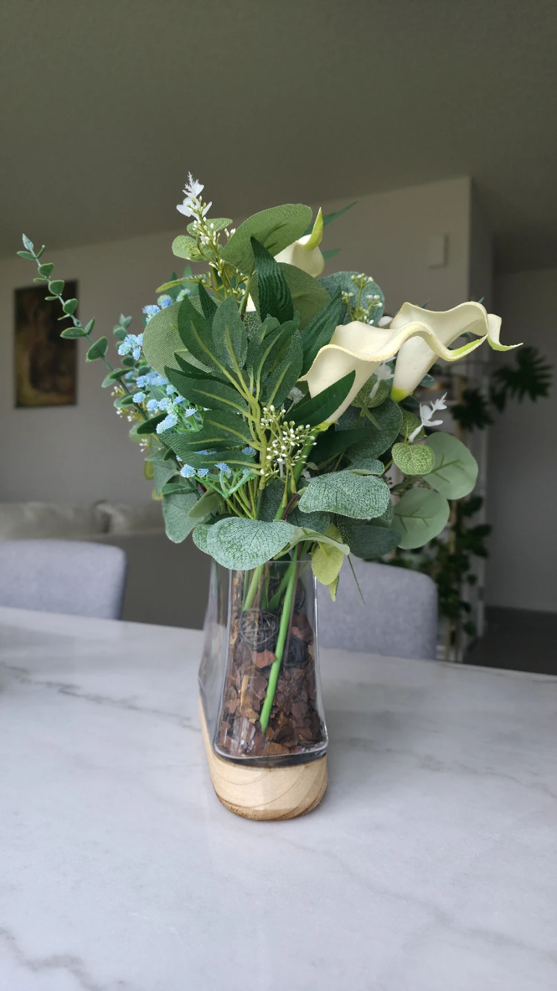 Faux floral arrangement in glass vase with wood base - photo 5