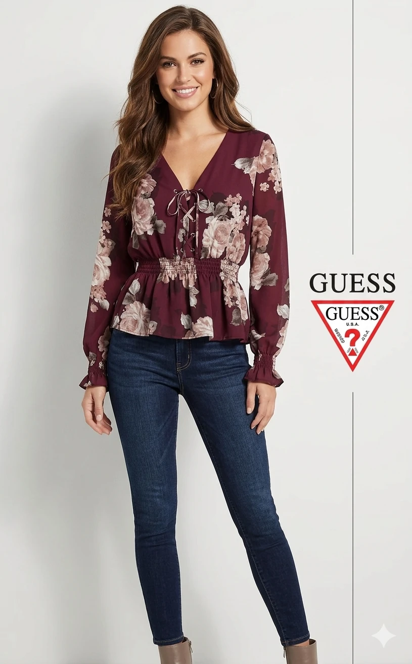 Guess Floral Lace-Up Peplum Blouse