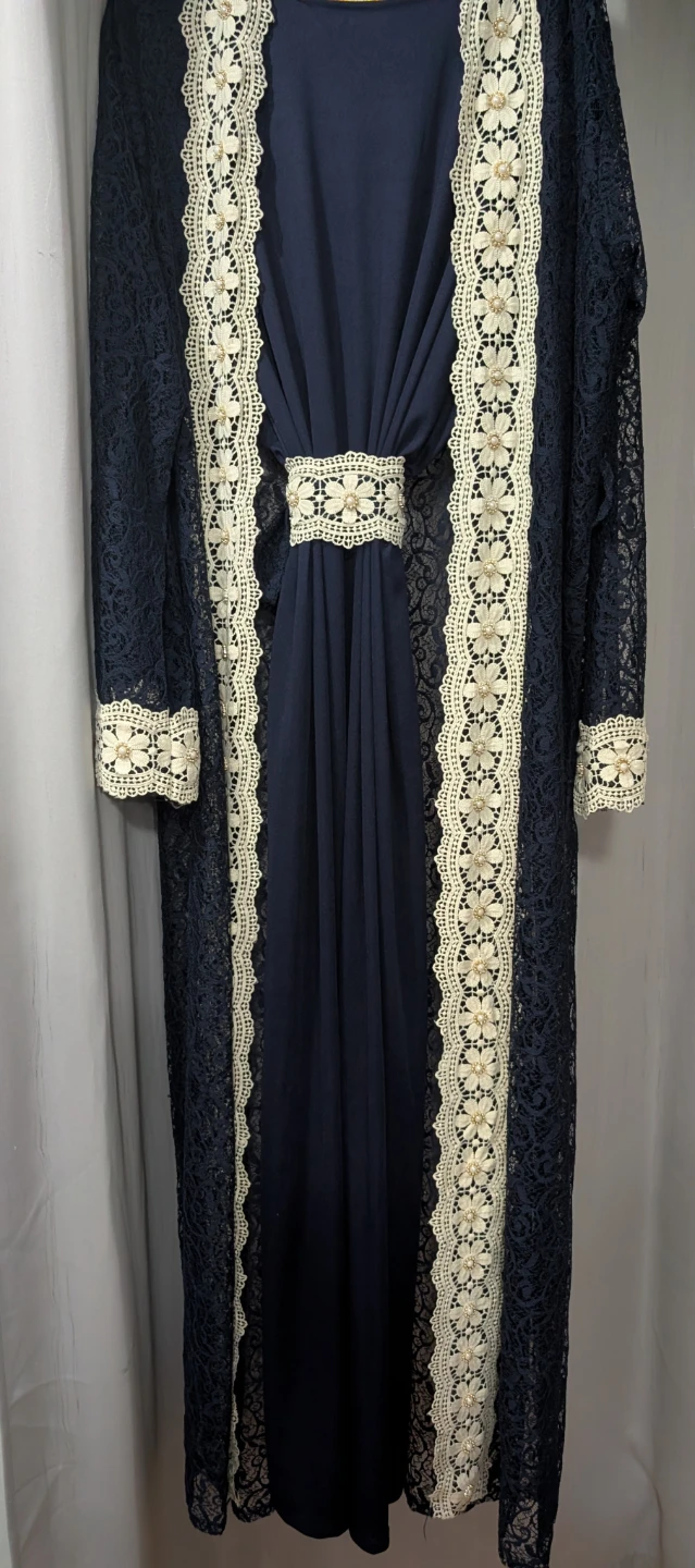 Navy Blue Lace Abaya with Cream Trim - photo 2