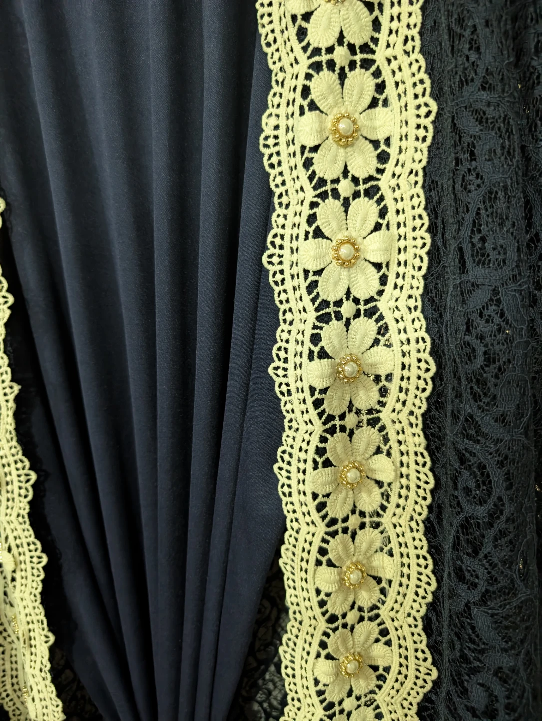 Navy Blue Lace Abaya with Cream Trim - photo 3