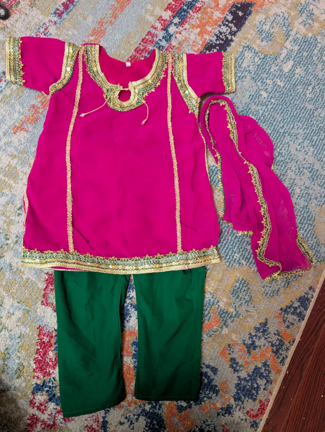 Girls Pink Kurti with Green Pants and Dupatta