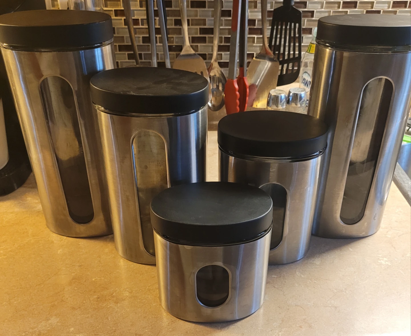 Set of 5 Stainless Steel and Glass Canisters with Black Lids