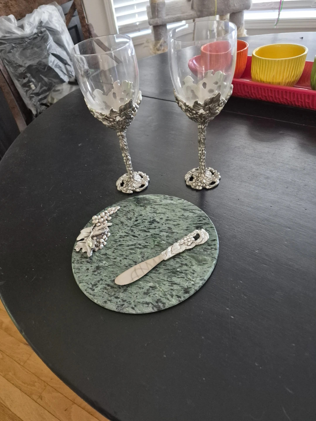 Ornate Pewter Grape-Themed Wine Glasses and Cheese Board Set