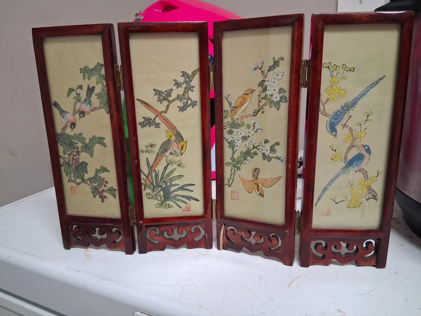 Vintage 4-Panel Folding Screen with Bird and Landscape Paintings