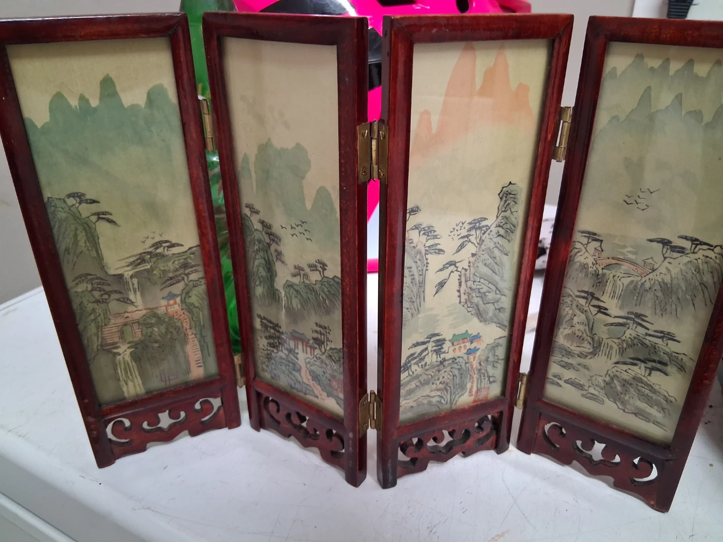 Vintage 4-Panel Folding Screen with Bird and Landscape Paintings - photo 2