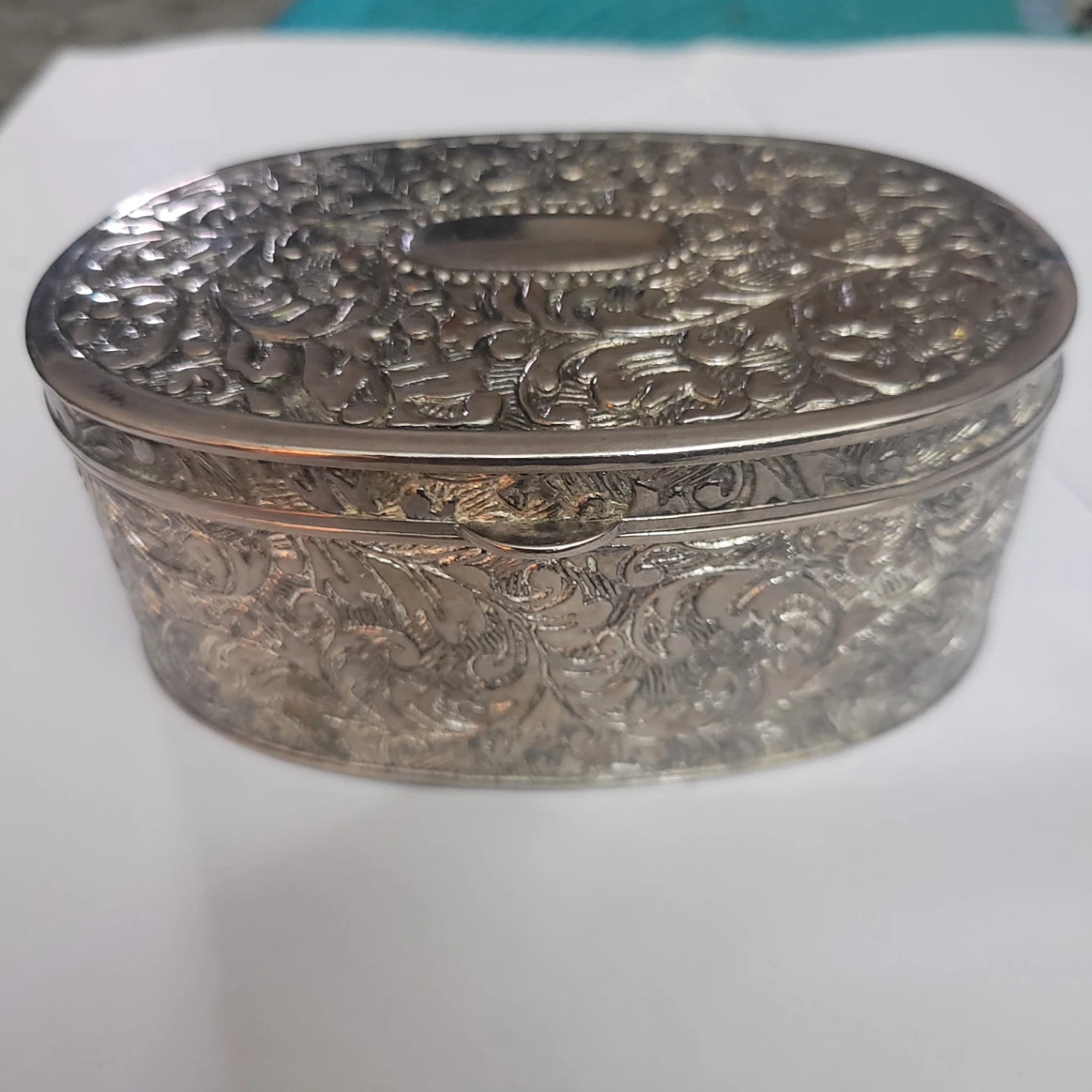 Ornate Silver-Tone Oval Trinket Box