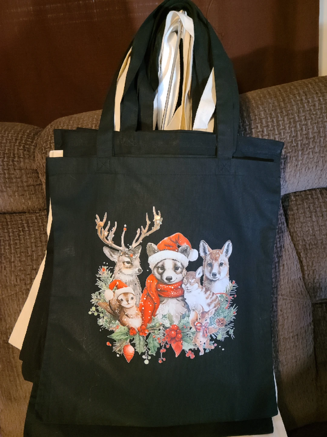 Black Tote Bag with Christmas Animals Print