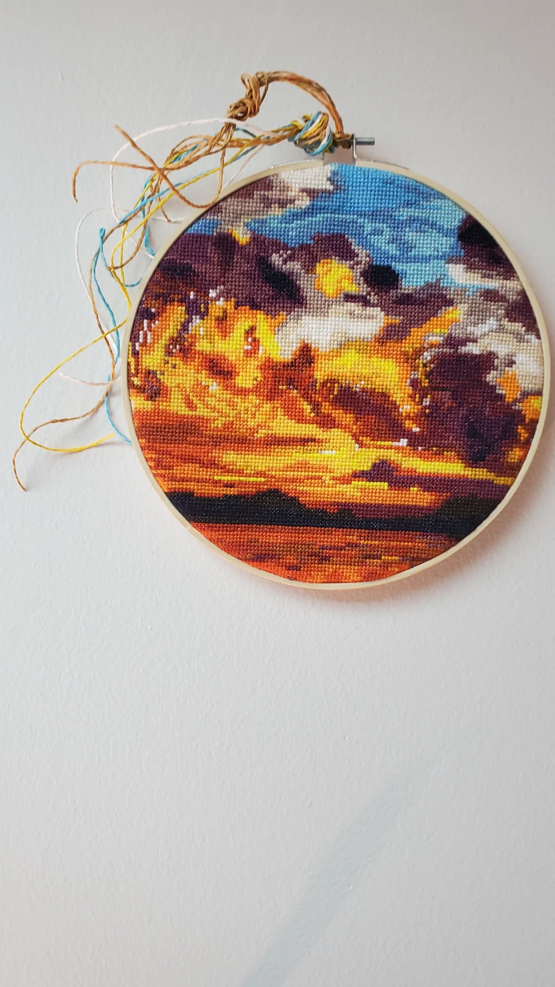 New Cross-stitch 9" sunset hoop art
