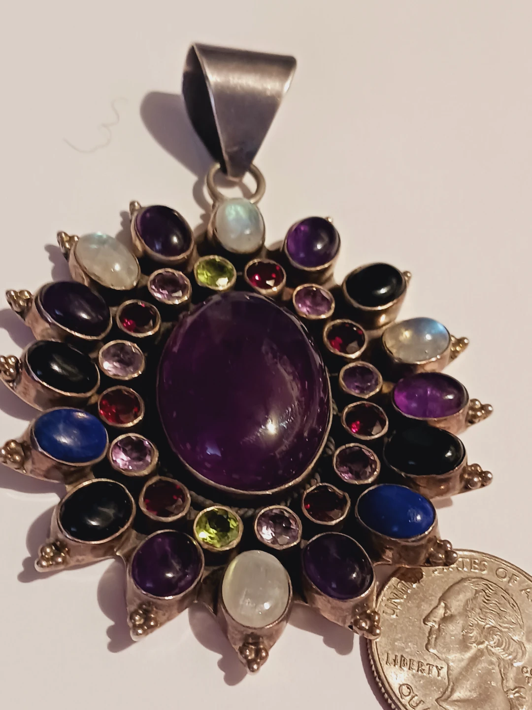 Oversized Sterling Silver 925 Multi-Gemstone Sunburst Pendant - photo 2