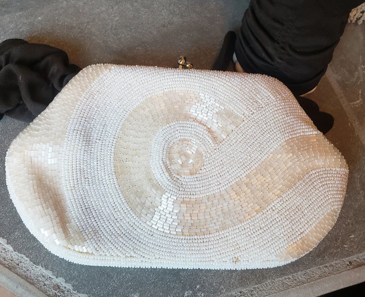 Vintage White Beaded Clutch Purse with Brown Evening Gloves