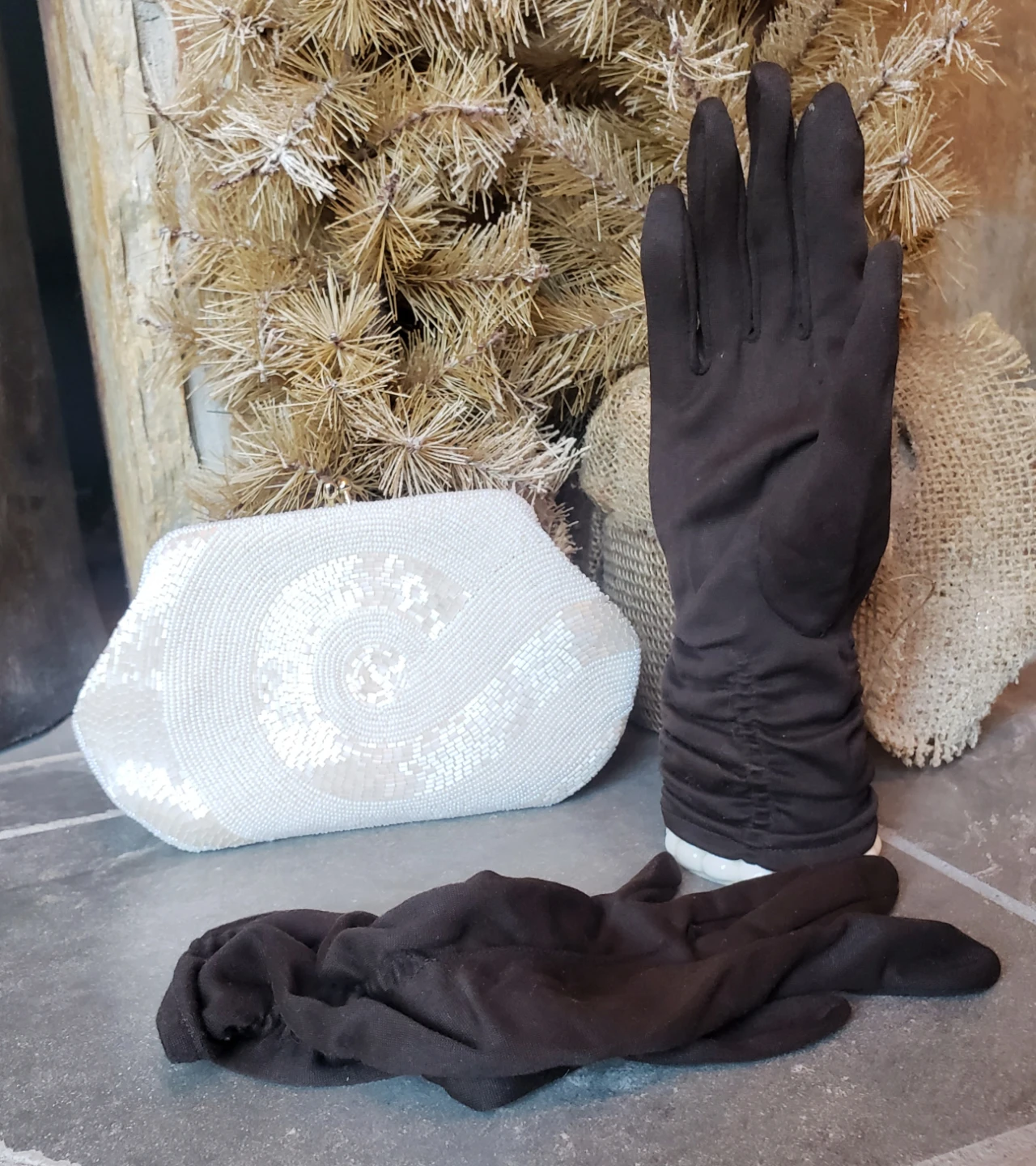 Vintage White Beaded Clutch Purse with Brown Evening Gloves - photo 2
