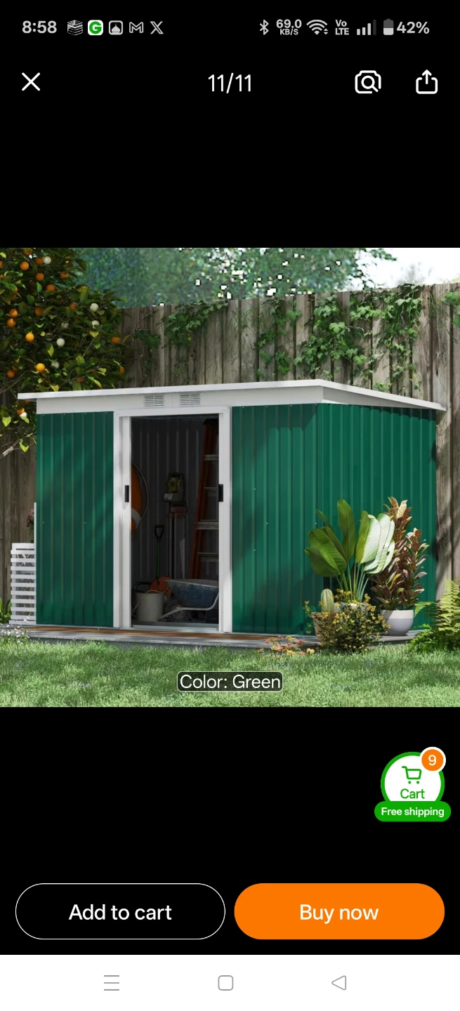 New in box Green Metal Storage Shed 9*4