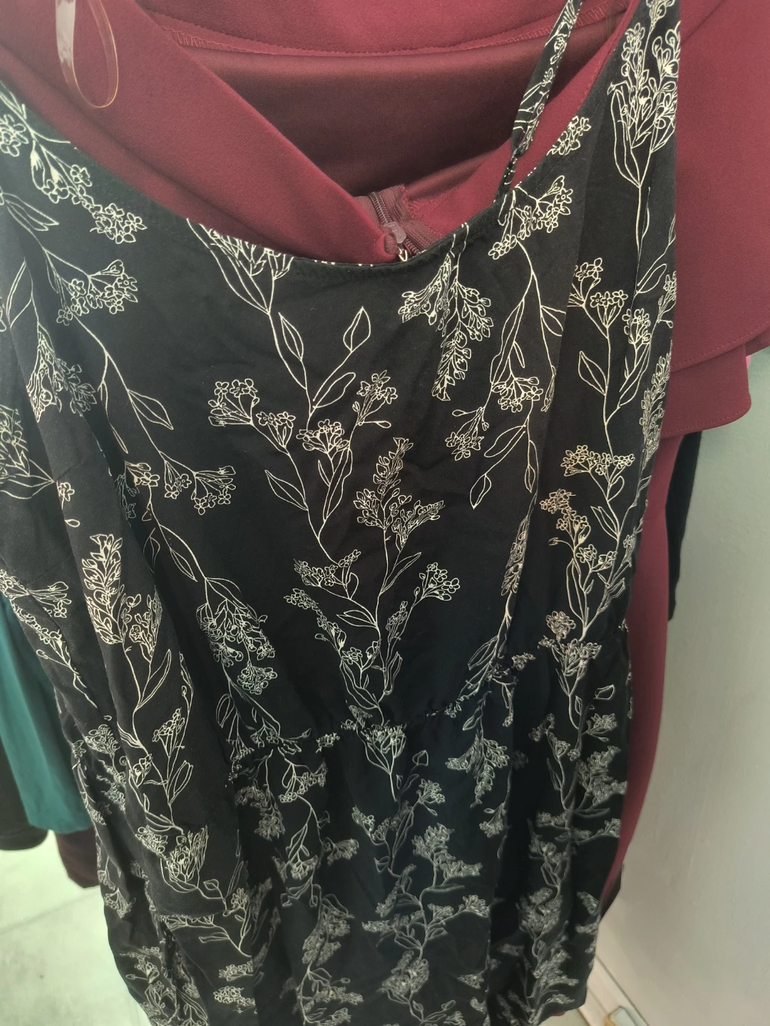 L Black Floral Print Spaghetti Strap Dress