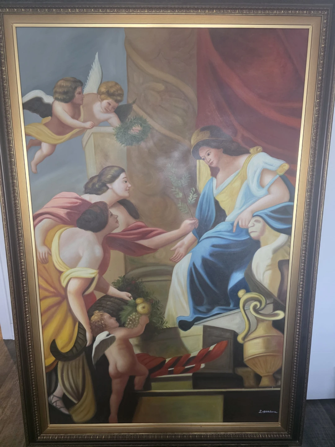 Framed Oil Painting with Cherubs and Figures