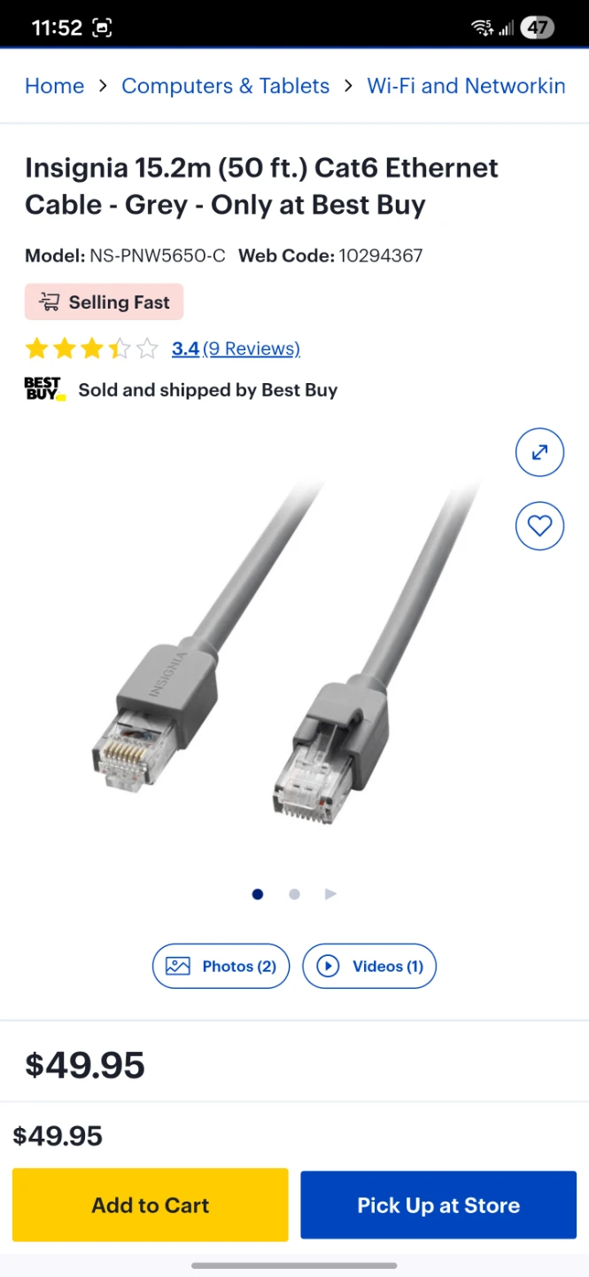 Insignia 15.2m (50 ft.) Cat6 Ethernet Cable - Grey