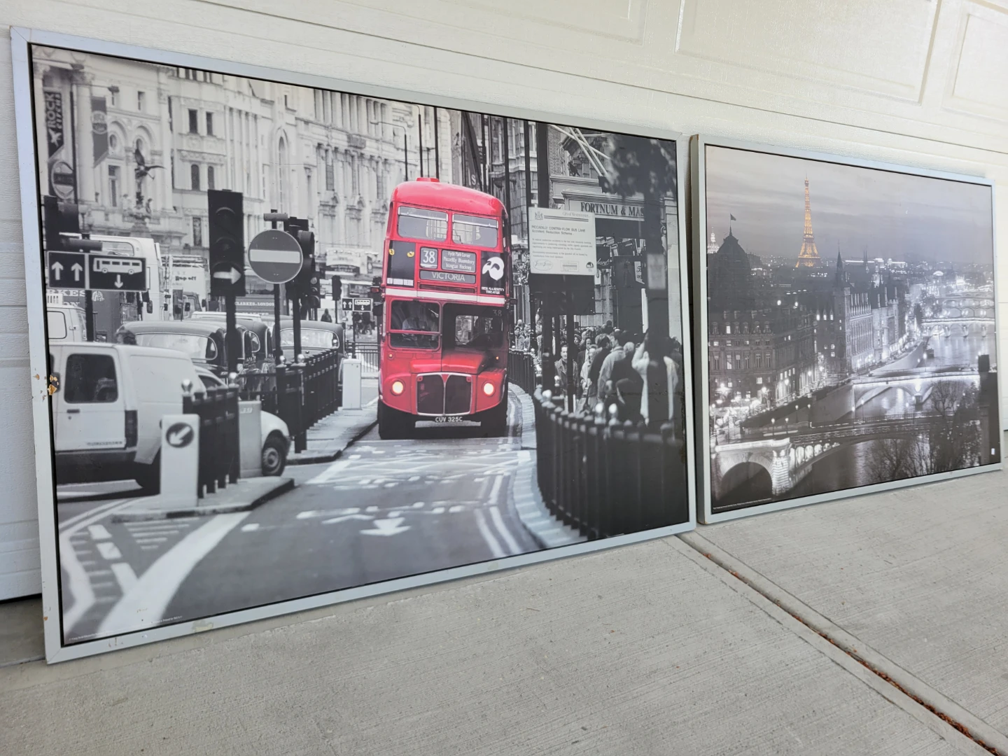 Set of 2 Large Framed Prints - London Bus & Paris Skyline