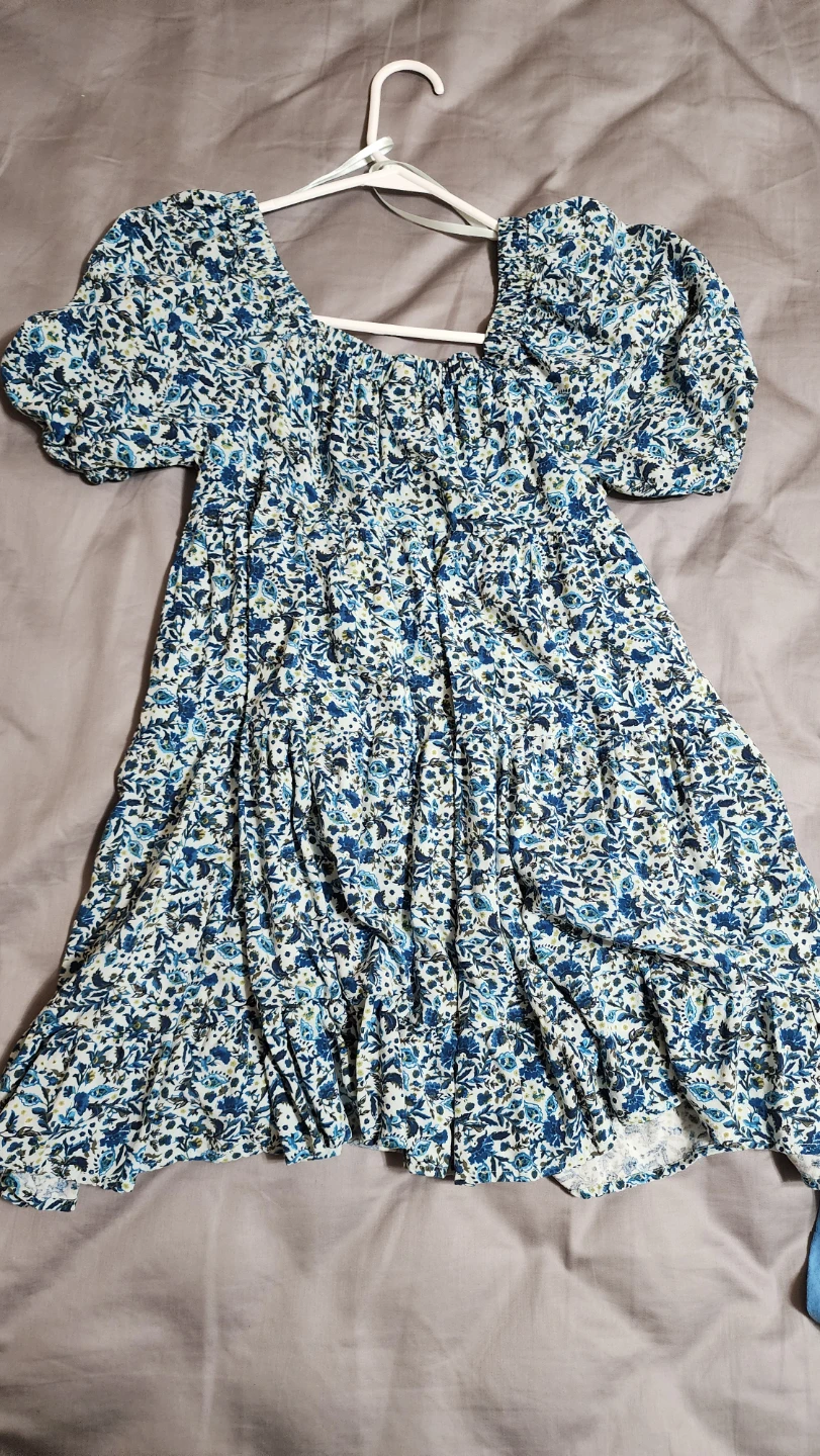 Blue Floral Tiered Square Neck Dress