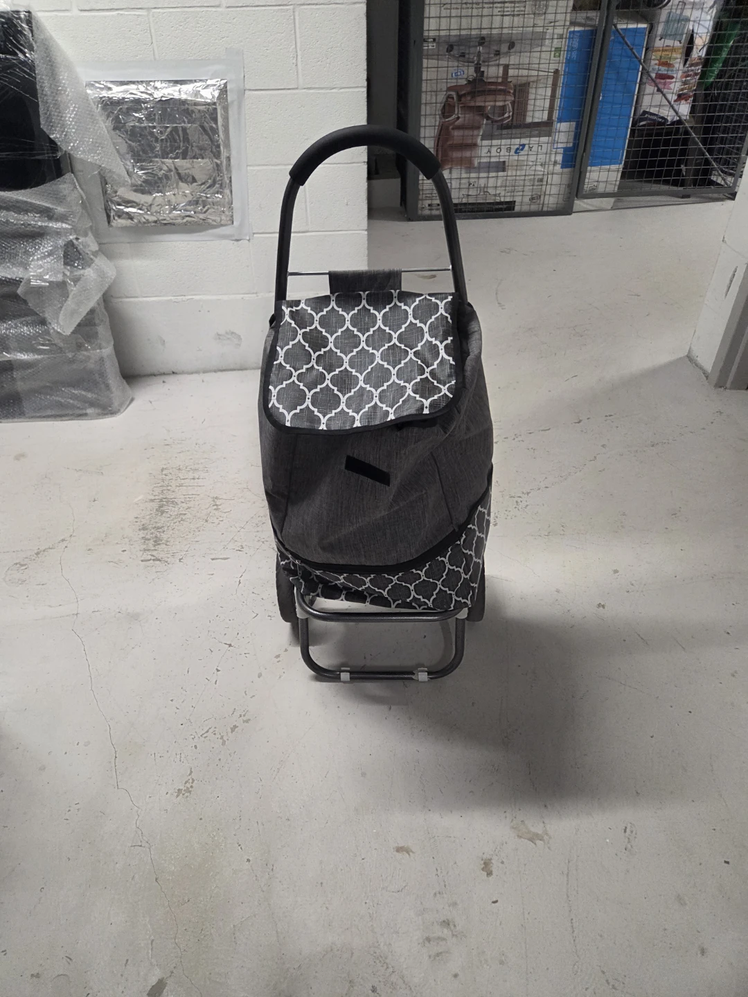 Grey Rolling Shopping Cart with Patterned Bag