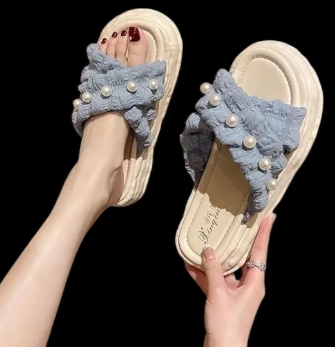 Women's Blue Faux Pearl Slide Sandals - photo 3