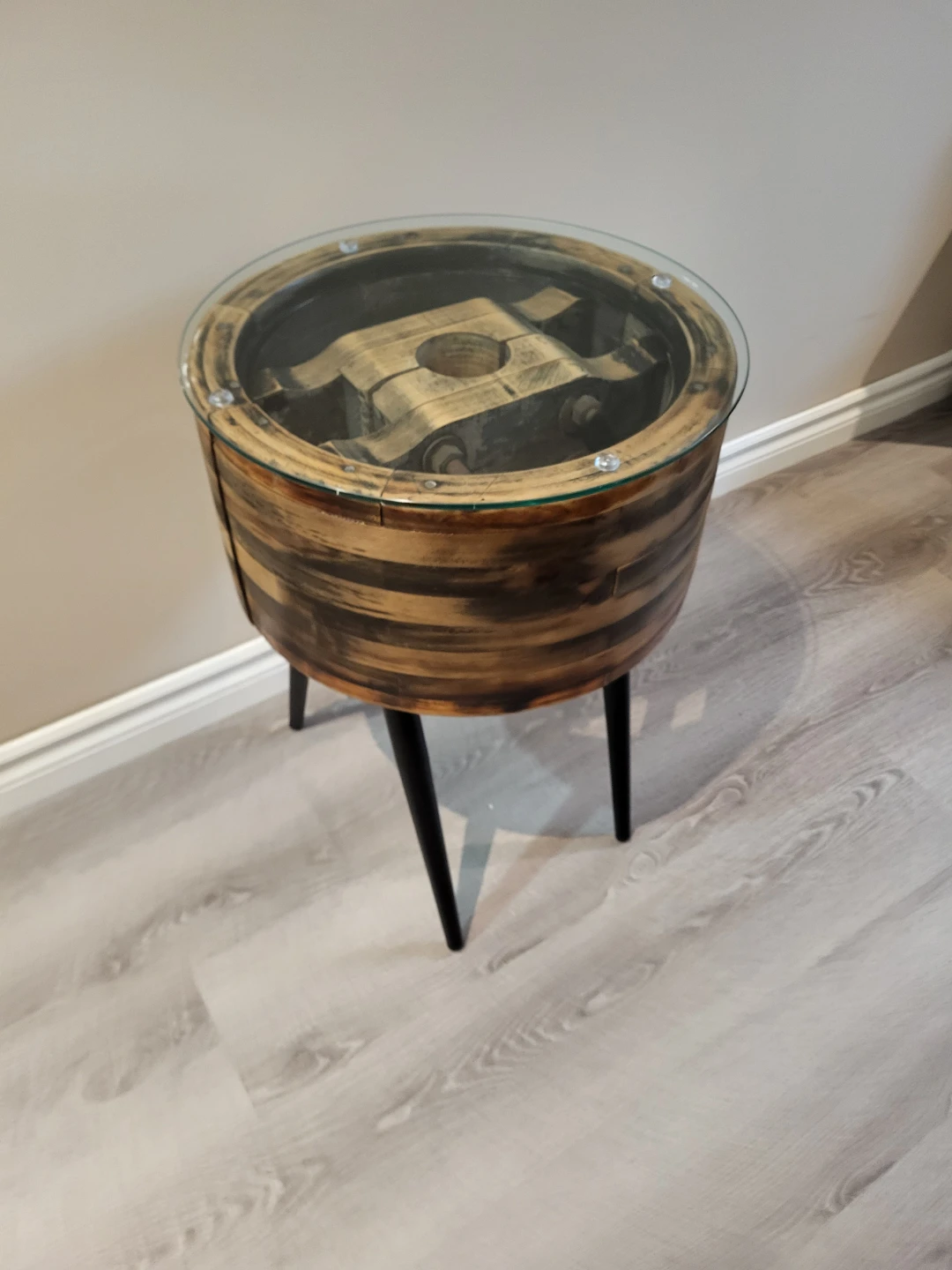 Unique Wooden Pully Side Table with Glass Top