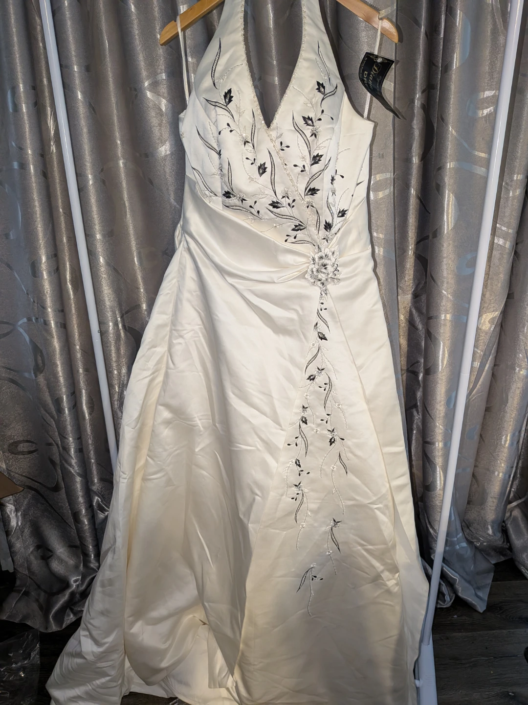 White Halter Neck Wedding Dress with Black Floral Embroidery