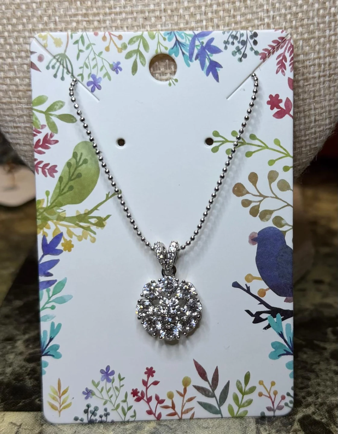 Silver Tone Pendant Necklace with Rhinestones