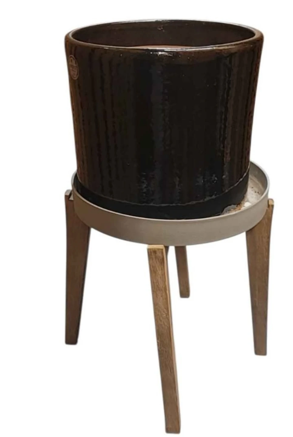 Large Dark Brown Ceramic Planter with Wooden Stand