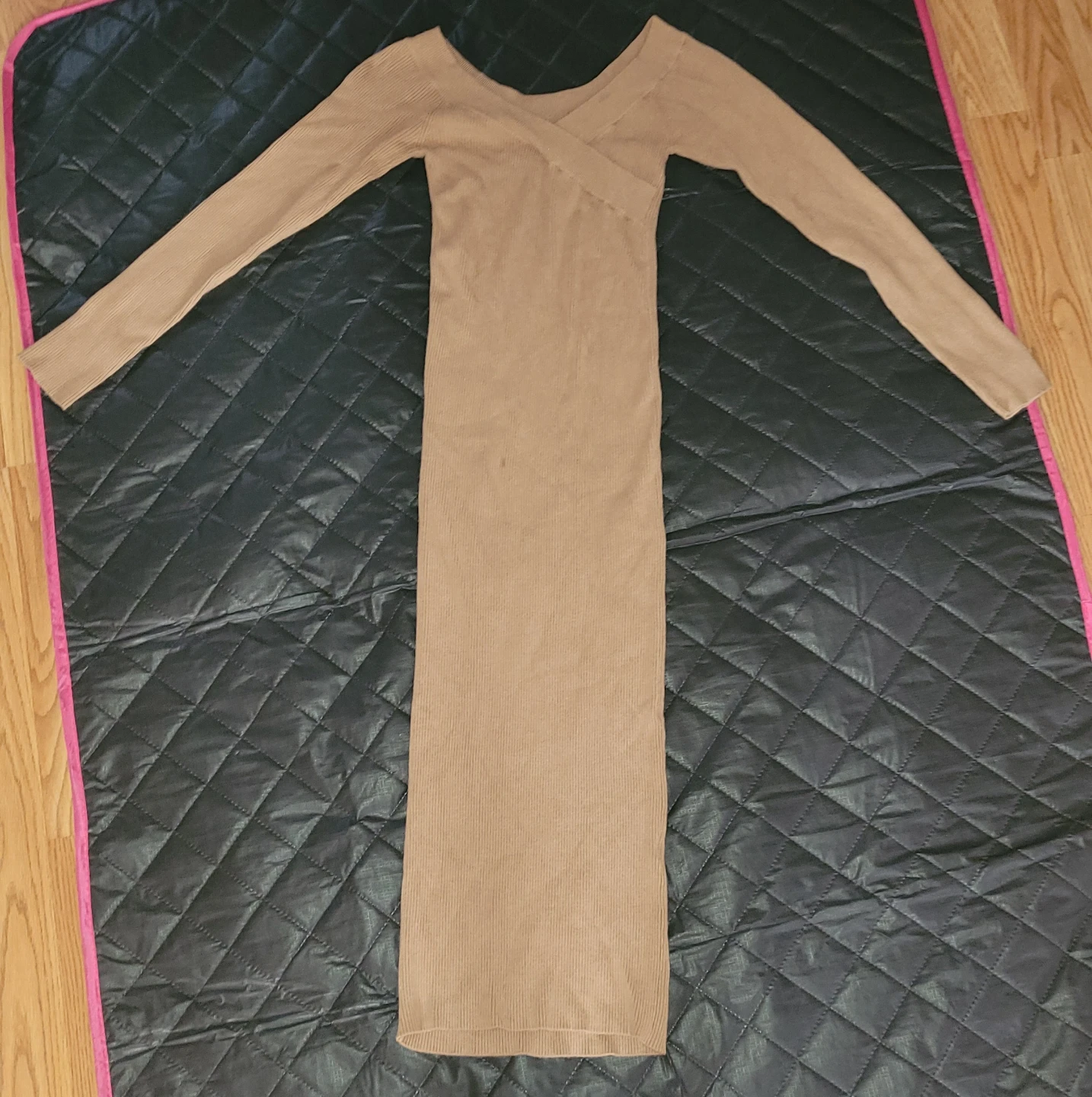Women's Beige Ribbed Long Sleeve Midi Dress
