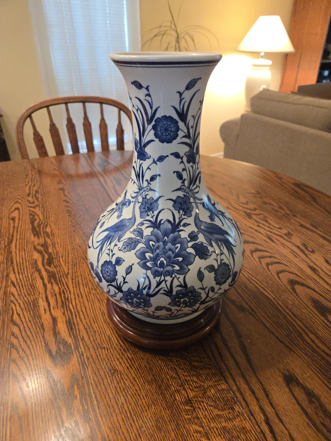 Blue and White Porcelain Vase with Wooden Stand