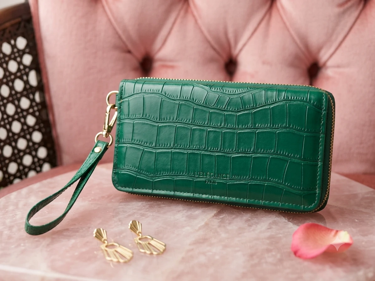 Élégance Paris Green Croc Embossed Wristlet Wallet