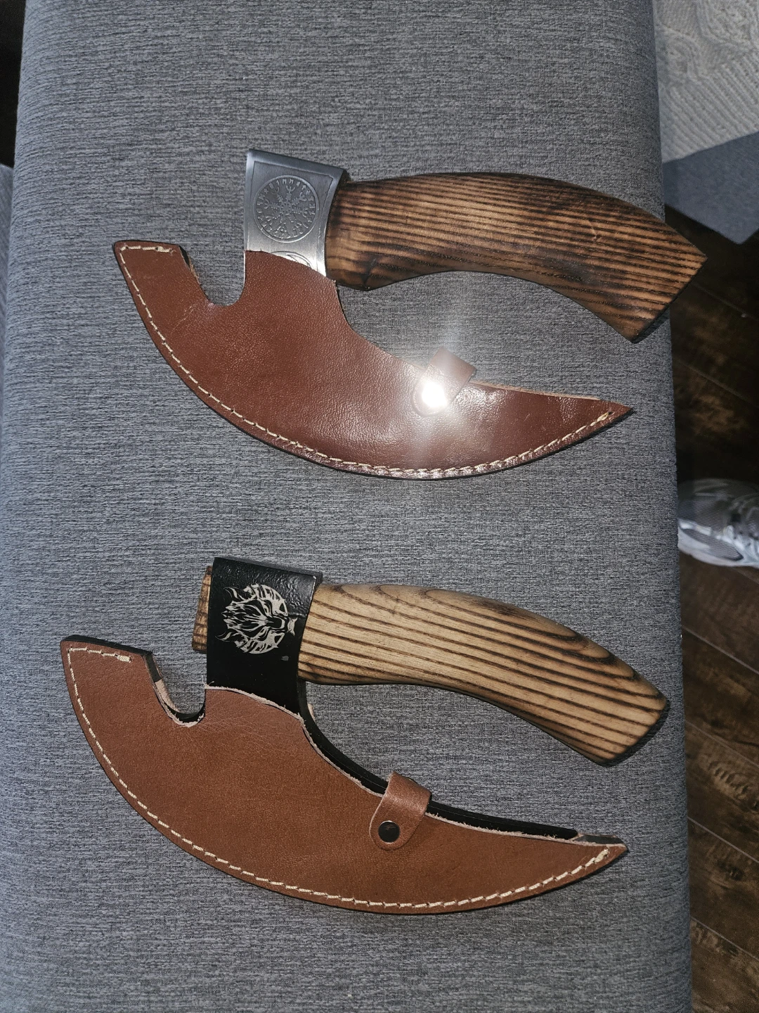 Set of 2 Handmade Wood Axe Hatchet Knives with Leather Sheaths⚽