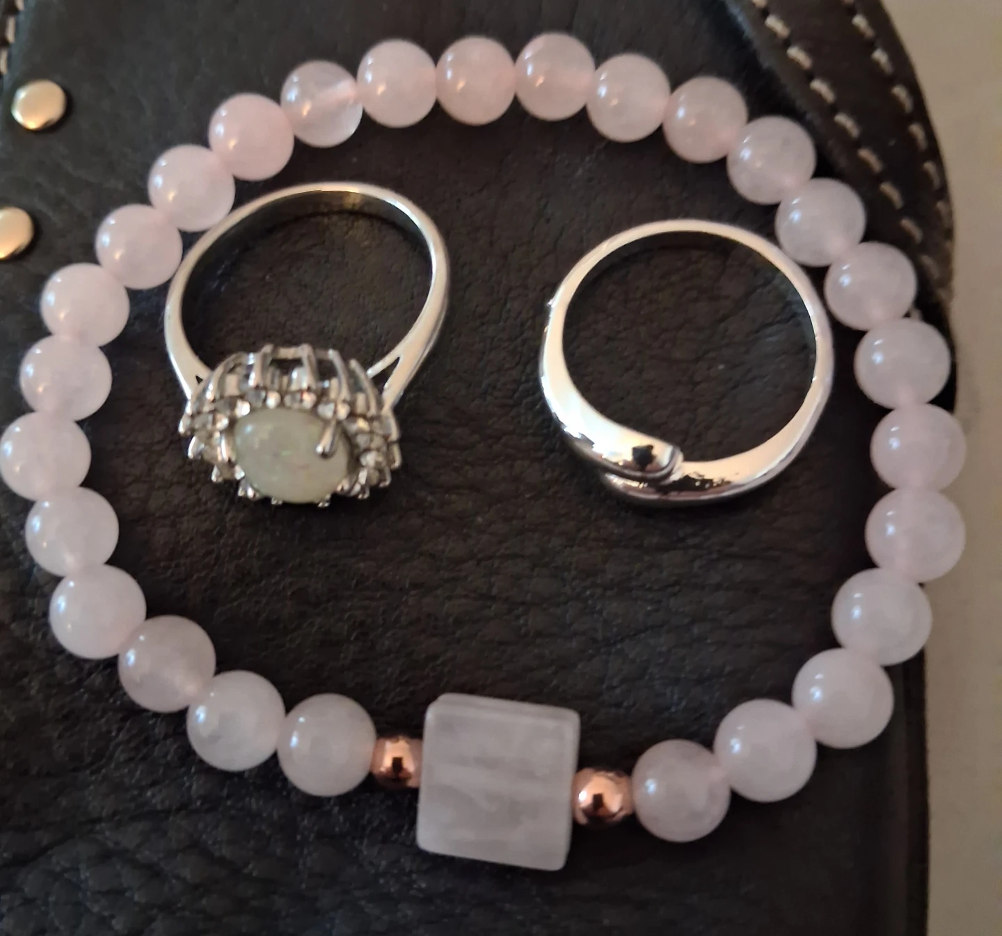 Rose Quartz Bracelet with Silver Rings