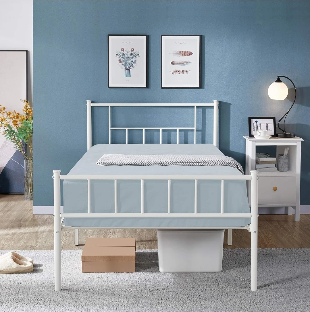White Twin Size Metal Bed Frame with Headboard