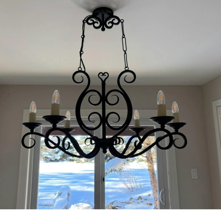 Black wrought iron chandelier with 6 lights