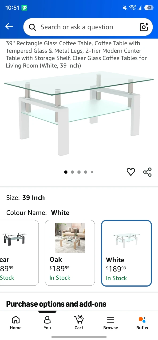 39" Rectangle Glass Coffee Table