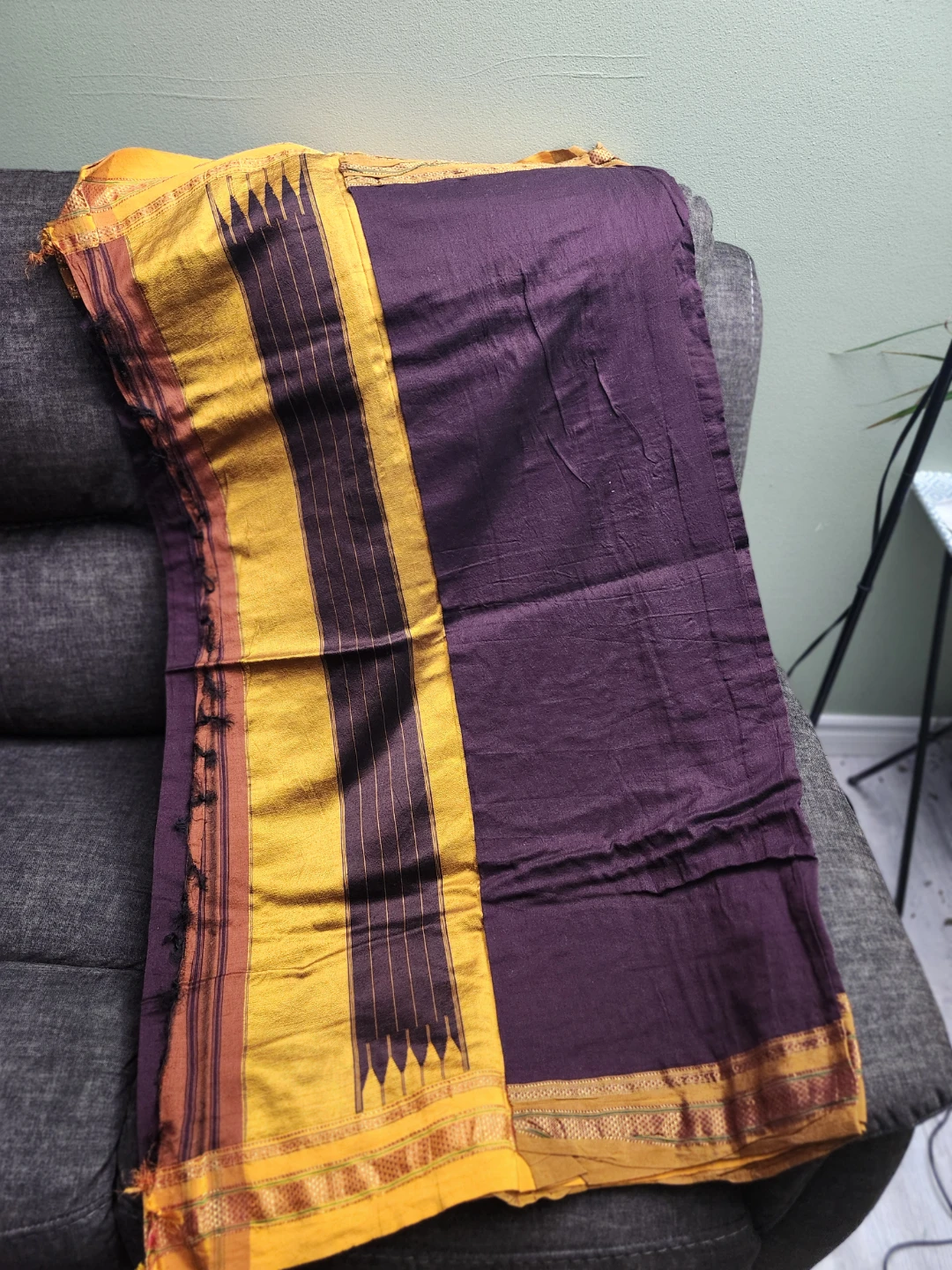 Purple Saree with Yellow Border and Blouse Piece - photo 3