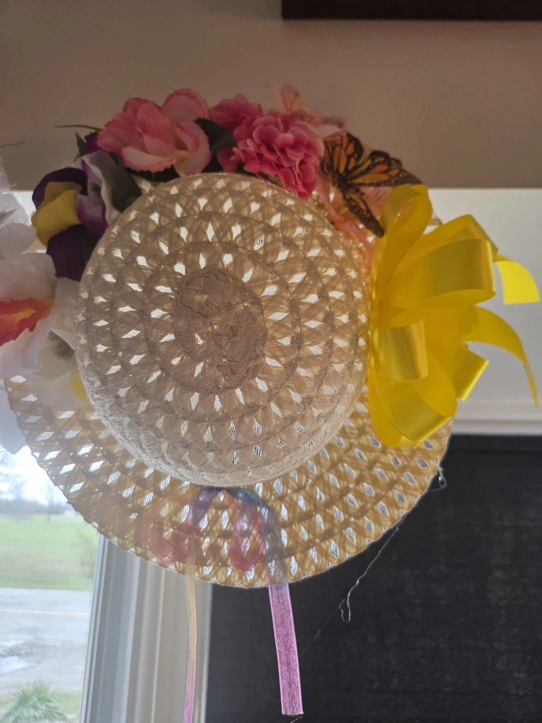 Decorative Straw Hat with Flowers and Butterfly